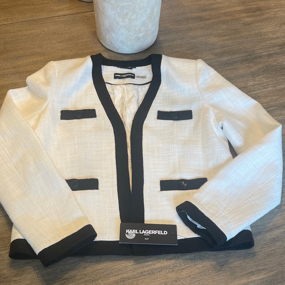 NWT KARL LAGERFELD PARIS TWEED OPEN FRONT COLOR BLOCK BLACK/WHITE BLAZER SIZE 2 - Picture 9 of 14